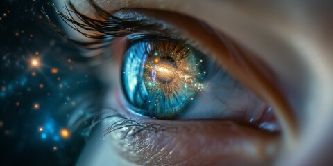The Enchanting Reflection Of A Galaxy In A Closeup Of A Human Eye, With Space For Copy. Сoncept Macro Photography, Cosmic Connections, Captivating Eyes, Celestial Beauty - obrazy, fototapety, plakaty