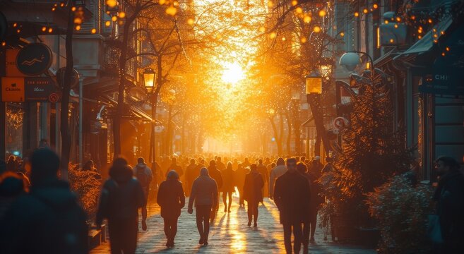 As the amber light of the setting sun cast a warm glow on the winter city, a group of people stood under a tree on the sidewalk, their figures silhouetted against the streetlights, basking in the bea