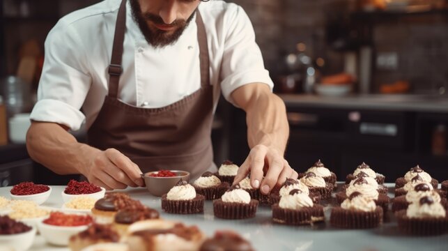 A male pastry chef decorates delicious cupcakes, Desserts in the kitchen of a restaurant, a pastry shop. Handmade, cooking, Custom work, Business concepts.