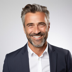 Studio portrait of a 50 year old business man smiling with a modern haircut. Advertisement for dental, business, studio, etc.