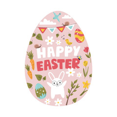 Happy Easter handwritten lettering concept design. Egg shaped celebration banner isolated. Bunny and other animals with decorative floral items. Festive elements hand drawn flat vector illustration