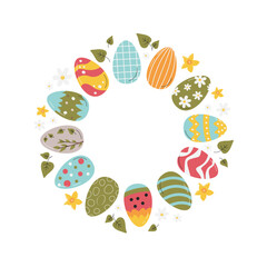 Egg circle shaped border isolated on white. Background concept design with copy space. Round shaped banner decorated with easter eggs and plants. Happy Easter frame hand drawn flat vector illustration