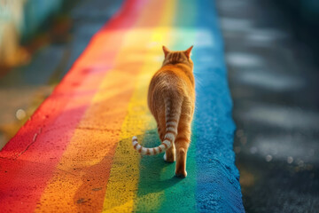 Cat walking on clouds and a rainbow