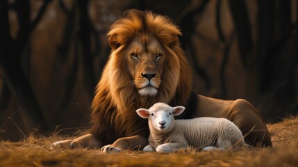 A Powerful Display Of Harmony Lion And Lamb United In Majestic Stillness, Copy Space. Сoncept...