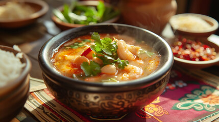 Thai cuisine Tom yum Goong. A steaming bowl of hot tom yum gong is served on a colorful tablecloth, accompanied by a small dish of fresh herbs and spices. Homemade food.