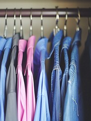 fashionable clothes on hangers on a wardrobe rack on a colored background