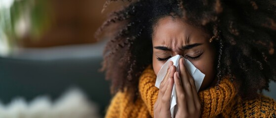An African American Woman Sniffles While Holding A Tissue, Battling Seasonal Sniffles. Сoncept Seasonal Allergies, Sneezing, Tissue Use, African American Representation, Health Management - obrazy, fototapety, plakaty