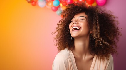Obraz na płótnie Canvas A beautifully captured image of a woman radiating positivity and joy, laughing heartily against a vibrant colored background