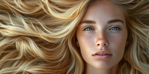 Blonde Beauty Gazes Ahead, Her Flowing Hair Cascading Down Her Back, Copy Space. Сoncept Enchanting Blonde Beauty, Flowing Hair, Captivating Gaze, Copy Space, Outdoor Photoshoot