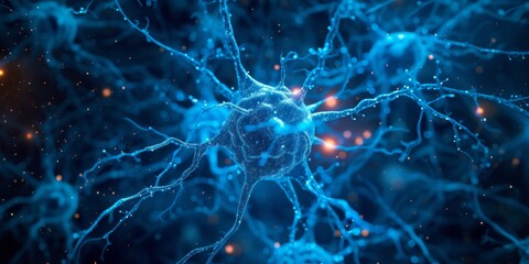 Symbolizing Ai In Medicine: Blue Banner Showcasing Brain's Nerve Cell With Synapses And Ample Copy Space. Сoncept Robotics In Healthcare, Ai-Assisted Diagnostics, Future Of Medicine - obrazy, fototapety, plakaty