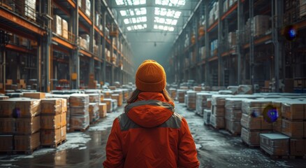 A solitary figure navigates through a maze of stacked clothing and boxes, their breath visible in the crisp winter air as they search for a way out of the deserted warehouse - obrazy, fototapety, plakaty