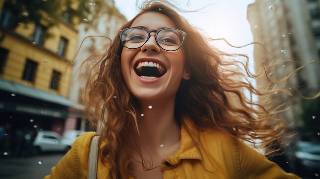 A cheerful young woman wearing glasses outdoors, capturing the essence of her joy