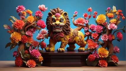 3D Lion Dance with flowers on colorful wood statu, generative ai