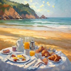 Fototapeta na wymiar Oil painting of breakfast on the beach in Marseille, France. Coffee, croissants, milk, orange juice and fruits. impressionism style