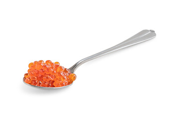 Fototapeta na wymiar Pile of salty healthy salmon red caviar or organic fish roe served in silver coloured spoon isolated on white background used as spread or snack for breakfast full of protein, omega 3 and vitamins
