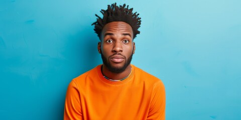 Confused African American Man In Orange Top Against Blue Background, With Copy Space. Сoncept Creative Concepts, Dramatic Lighting, Bold Expressions, Emotional Portraits, Edgy Fashion