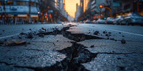 Cracked Road In Vibrant City: A Symbolic Reminder Of Earthquake Aftermath, With Space For Copy. Сoncept Golden Sunset Over A Calm Ocean, Majestic Mountain Range, Serene Forest Path - obrazy, fototapety, plakaty