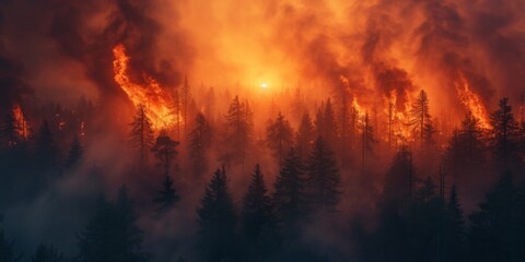 Fototapeta na wymiar Devastating Wildfires Engulf The Landscape, Consuming Trees And Releasing Billowing Orange Smoke, Copy Space. Сoncept Nature Conservation, Wildfire Prevention, Environmental Impact