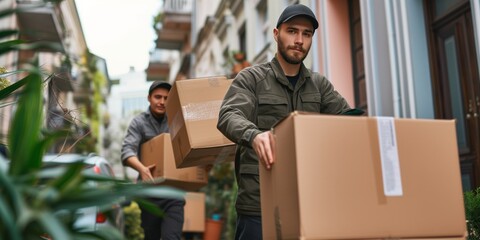 Utilizing Modern Technology, Efficient Workers Provide Topnotch Moving Services By Unloading Boxes Outside. Сoncept Smart Home Automation, Energy-Saving Tips, Sustainable Living