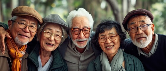Elderly Group Embraces Joyously, Showcasing Their Diverse Unity, Standing United. Сoncept Nature-Inspired Still-Life, Dramatic Sunsets, Candid Street Photography, Urban Architecture, Macro Shots