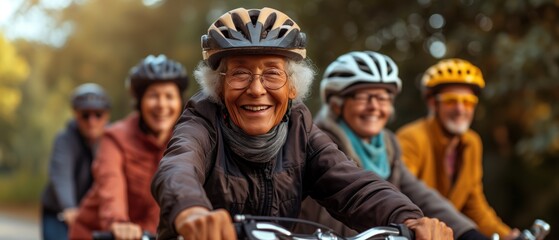 Elderly Group With Cheerful Smiles Donning Cycling Helmets For A Joyful Ride. Сoncept Gardening...