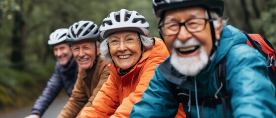Elderly Group Showcasing Joyful Smiles In Symmetrical, Professional Photo As They Don Cycling Helmets For A Joy Ride. Сoncept Elderly Joy Ride, Symmetrical Smiles, Professional Photo, Cycling Helmets