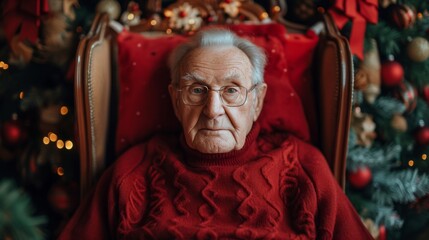 Elderly Man In Festive Nursing Home Captures Holiday Spirit And Joy, Copy Space. Сoncept Elderly Man, Festive Nursing Home, Holiday Spirit, Joy, Copy Space