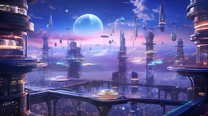 Futuristic cityscape with holographic buildings and mesmerizing flying cars