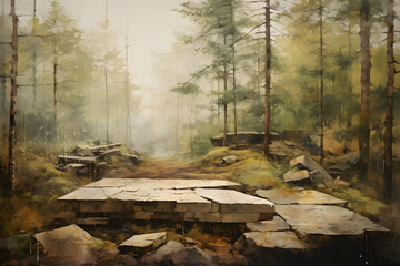 Stone platform forest landscape background green and earth