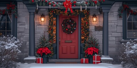 Fototapeta na wymiar Festive Christmas Door Adorned With Decorations For A Warm And Welcoming Home, Copy Space. Сoncept Cozy Winter Scenery, Festive Holiday Decor, Snowy Landscapes, Festive Food And Drinks