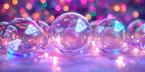 Neon-Lit Glass Ornaments Shine Against Purple Background, Room For Text. Сoncept Winter Wonderland, Festive Decor, Holiday Sparkle, Magical Ornaments, Enchanting Glow