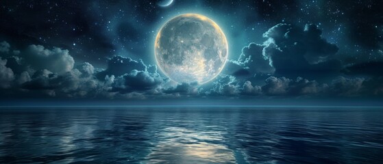 Full Moon Illuminating Serene Waters Under The Mesmerizing Night Sky. Сoncept Stargazing, Moonlit Reflections, Tranquil Nature, Nighttime Beauty, Celestial Serenity