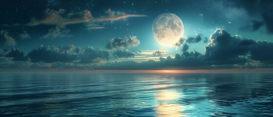 The Mesmerizing Night Sky Reflecting In Serene Waters During A Full Moon. Сoncept Epic Night Sky, Lunar Reflections, Full Moon Magic, Serene Waters, Mesmerizing Scenery