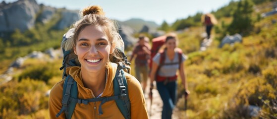 Happy Female Hiker With Backpack Leads Friends To Summit, Making Memories. Сoncept Adventure Time, Mountain Hiking, Group Explorations, Scenic Views, Friendship Bonds