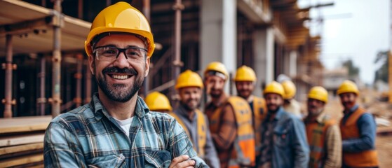 Joyful Construction Workers, Proudly Donning Hardhats, Strike A Confident Pose With Strong Bond And Harmony At Building Site