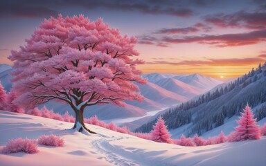 A pink tree on a snowy landscape with a sunset in the background