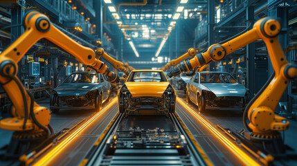 Automotive production line featuring advanced robotic arms engaged in the assembly of modern cars - obrazy, fototapety, plakaty