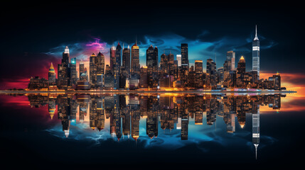 Fototapeta na wymiar Neon-lit city skyline reflected in a glassy and reflective surface