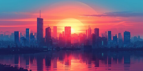 Fototapeta na wymiar Minimalistic Cityscape Against A Vibrant Sunrise Backdrop