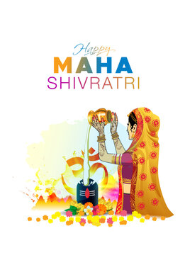 Indian festival Maha Shivaratri puja. God Lord shiva birth celebration background. Indian woman pouring milk on shivling post design.