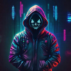 a hooded hacker with monster mask standing backdrop of glowing digital code. Representing cyberspace and online cyber security themes