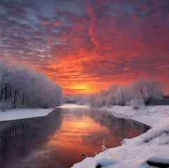 Winter landscape with a  frozen river and  red sunset wit a colorful clouds in the background - obrazy, fototapety, plakaty