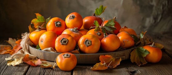 Delicious and Ripe Persimmon Fruit on a Wooden Table: A Delectable Display of Delicious, Ripe Persimmon Fruit Arranged Artfully on a Wooden Table - Powered by Adobe