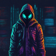 a hooded hacker with monster mask standing backdrop of glowing digital code. Representing cyberspace, dark web and online cyber security themes