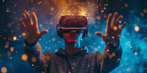 Experience A Thrilling Virtual Reality Adventure With A Person Engaging With Virtual Objects In Vr Glasses, Offering Ample Room For Customization