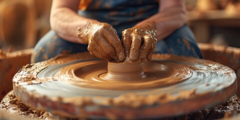 Skilled Pottery Artist Shaping Clay On A Spinning Wheel, With Copy Space. Сoncept Pottery Art, Clay Shaping, Spinning Wheel, Skilled Artist, Copy Space - obrazy, fototapety, plakaty