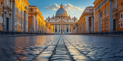 Snapshot Of Vatican City, A Cherished Travel Spot Nestled In Rome, Italy, Copy Space. Сoncept Beautiful Sunsets, Majestic Landscapes, Historical Architecture, Local Cuisine, Vibrant Street Life - obrazy, fototapety, plakaty