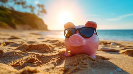 Savings Symbolized: Sunglasses-Wearing Piggy Bank Lounges At Beach, Signifying Vacation Funds. Сoncept Diy Home Organization, Healthy Meal Prep Ideas, Indoor Gardening Tips, Stylish Summer Outfits - obrazy, fototapety, plakaty
