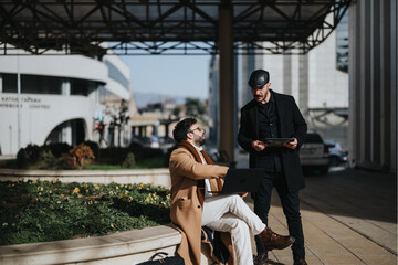 Outdoor business meeting between two professional men, one sitting with a laptop and the other standing with a tablet.