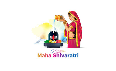 Maha Shivratri or Lord Shiva shivling puja festival background. Indian hindu woman pouring milk and water on shivling and celebrating Maha Shivratri worship.